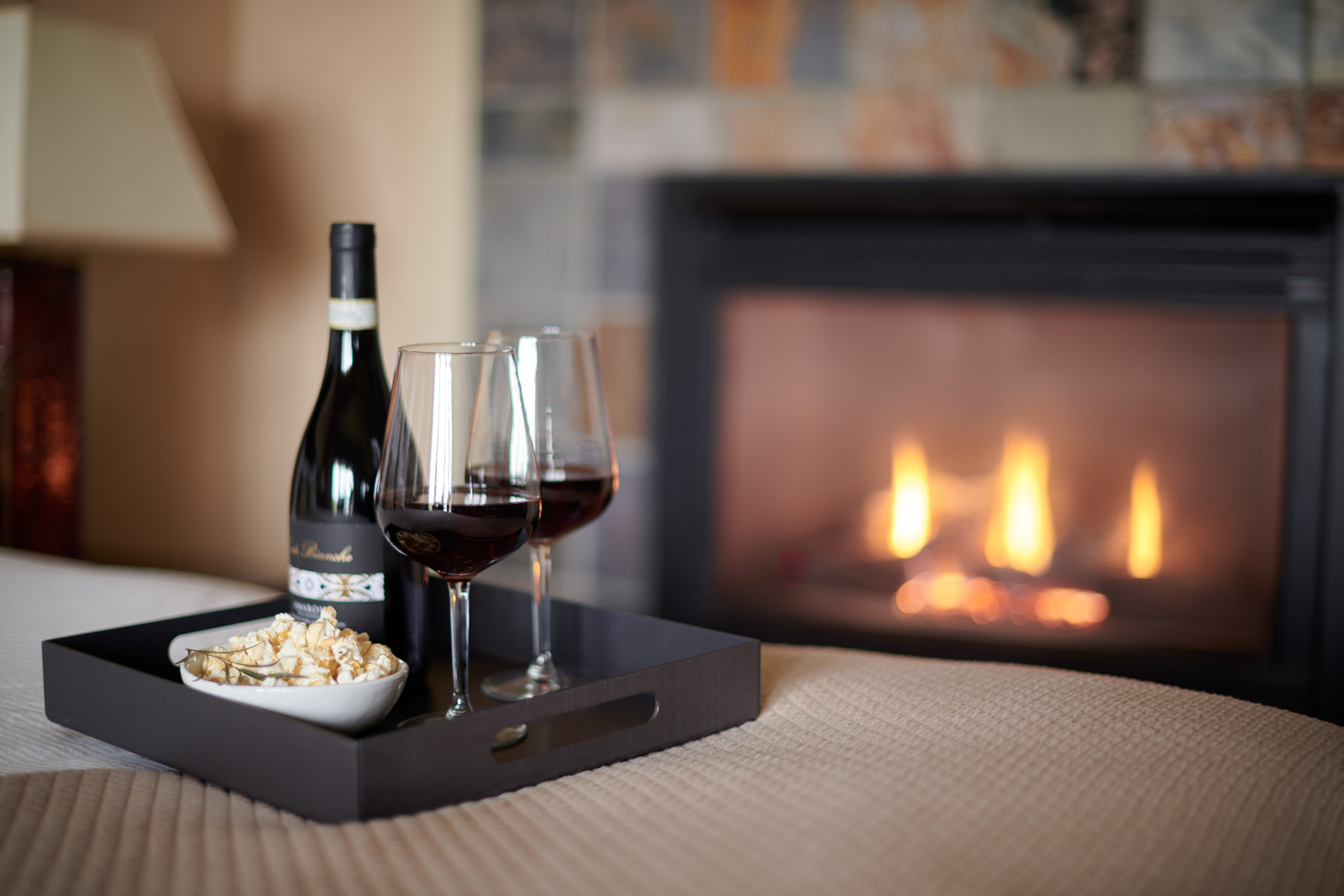 Harbor Grand Guestroom Fireplace and Wine