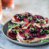 A plate of seasonal blueberry, beet and goat cheese bruschetta at Terrace Room in New Buffalo, Michigan