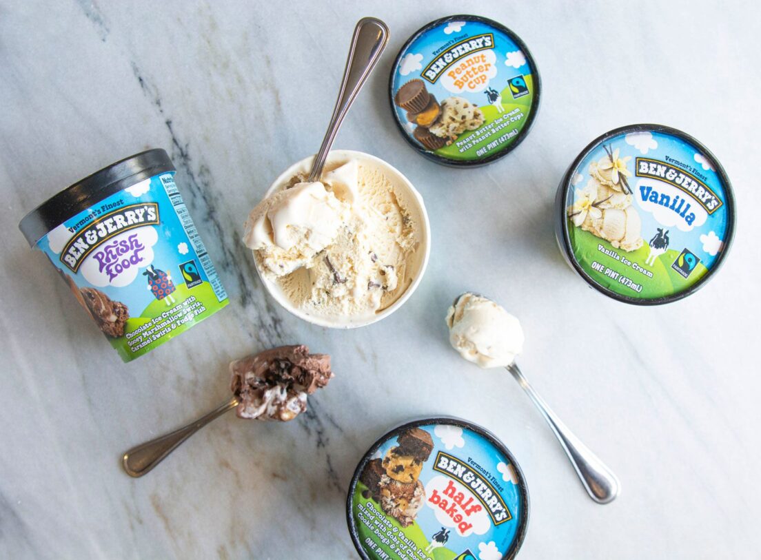 Pints of Ben & Jerry's ice cream on a marble tabletop at The Harbor Grand Hotel in New Buffalo, Michigan.