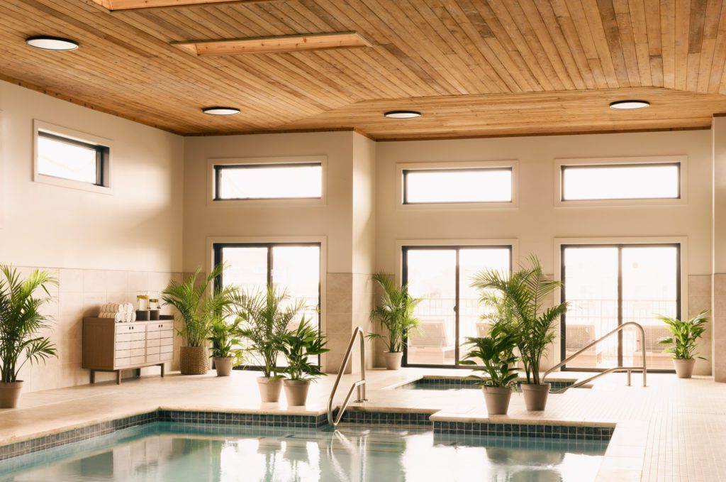 Indoor Pool with wood ceiling, big windows and big plants in pots next to the pool at Harbor Grand Hotel