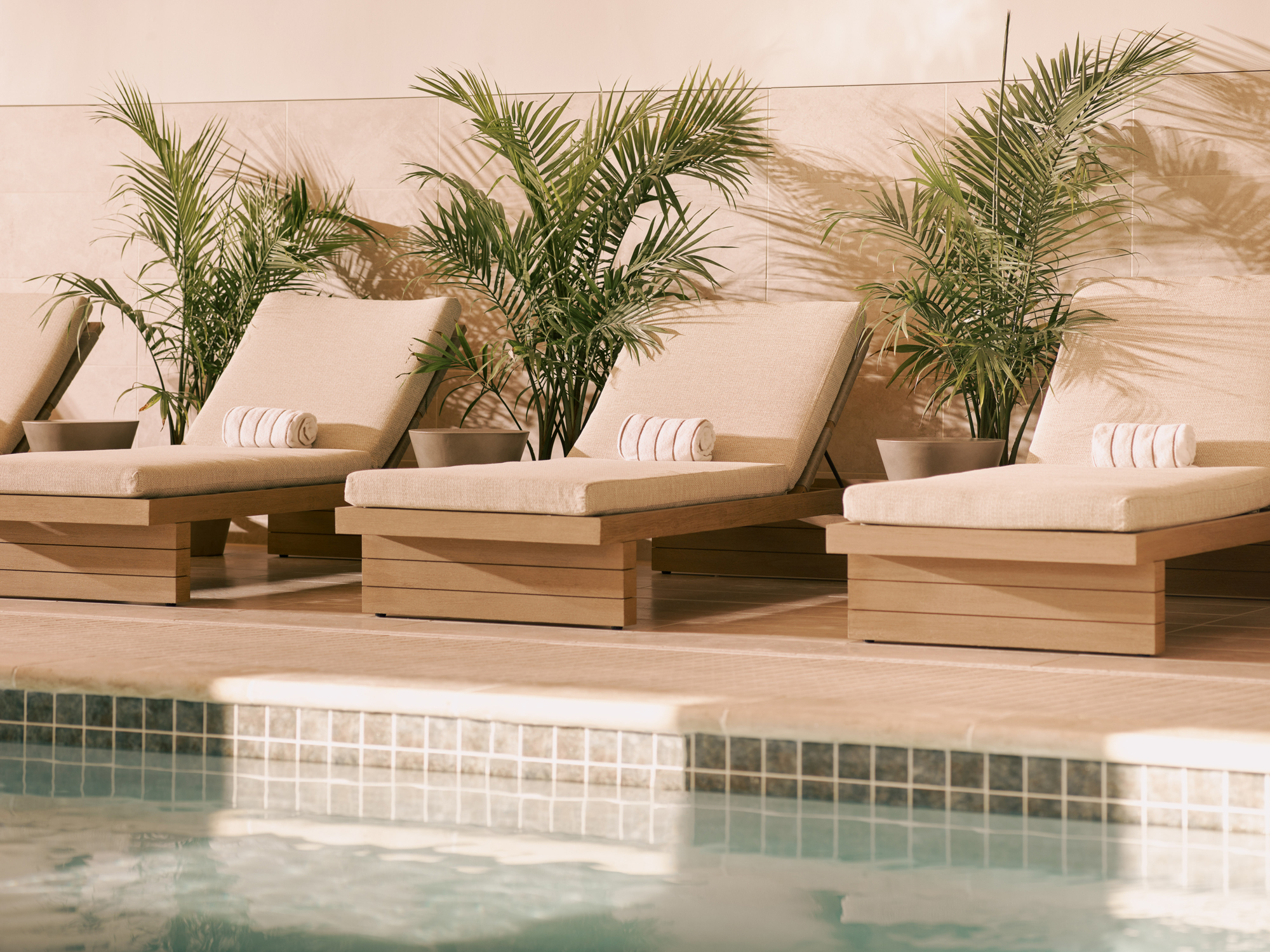 Close-up of three comfortable chaise lounge and big potted plants at the indoor pool of Harbor Grand hotel