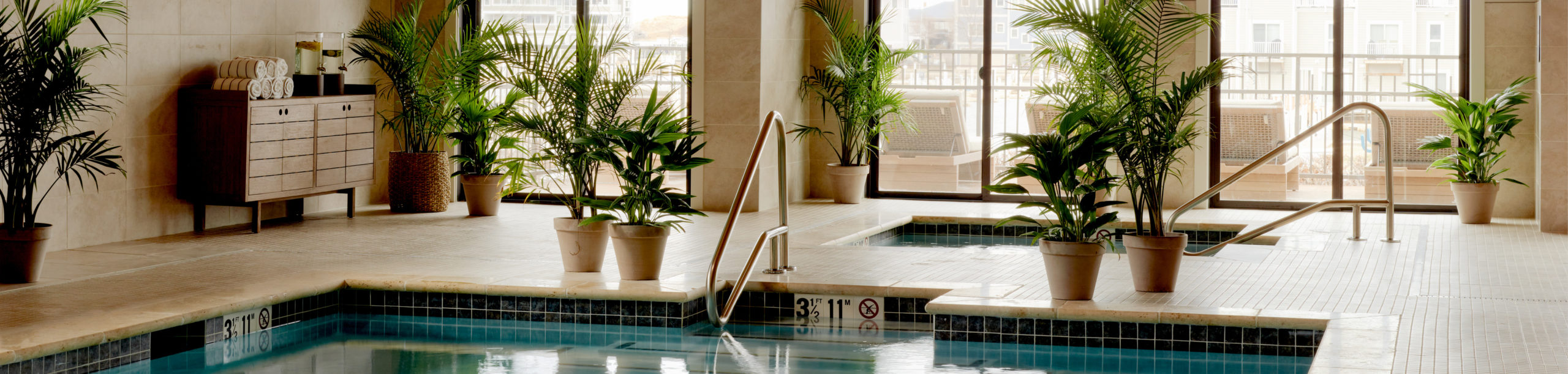 indoor swimming pool with plants, big windows at Harbor Grand hotel